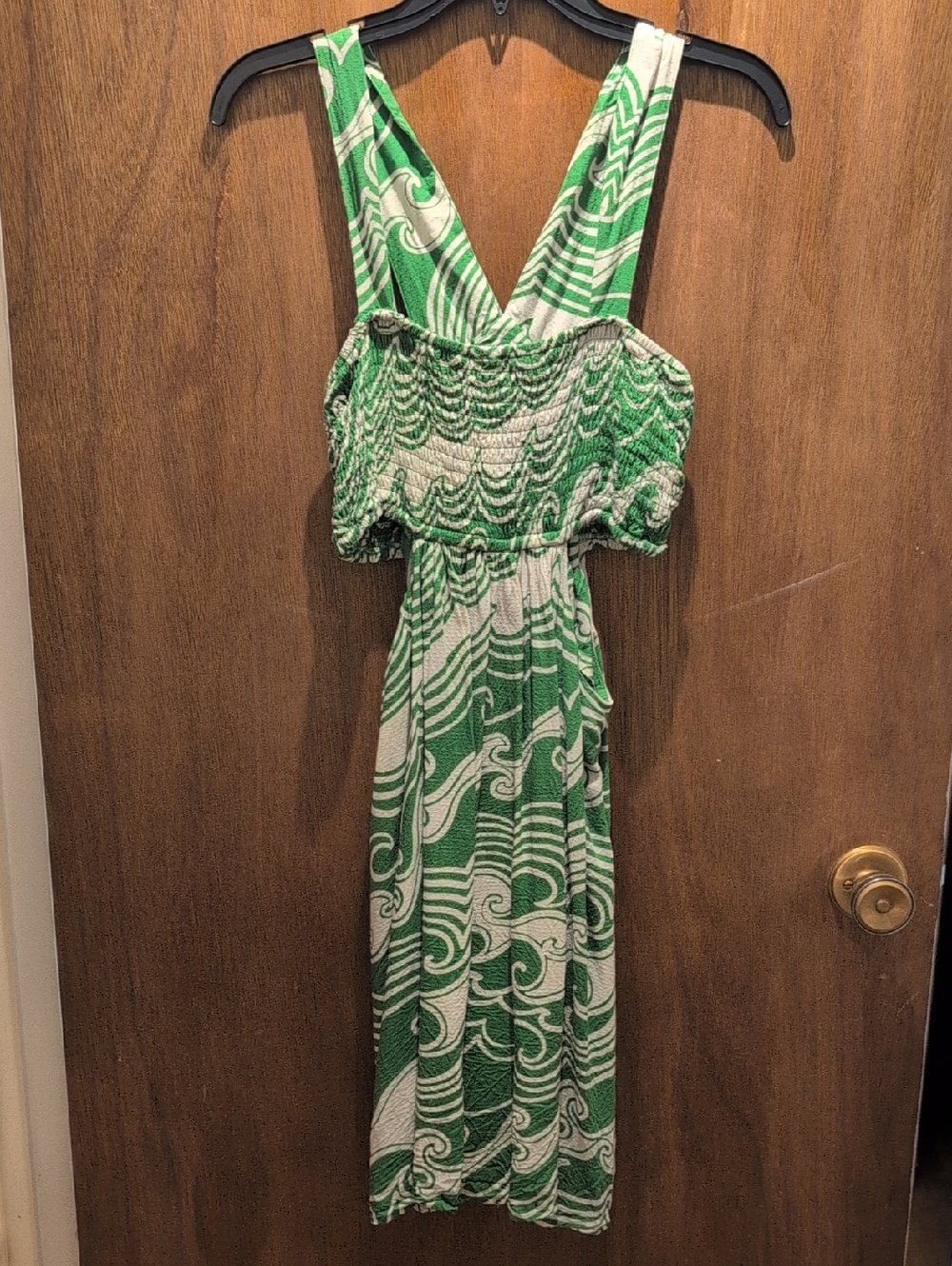 Anthropologie Green and White Wave-Print Midi Dress